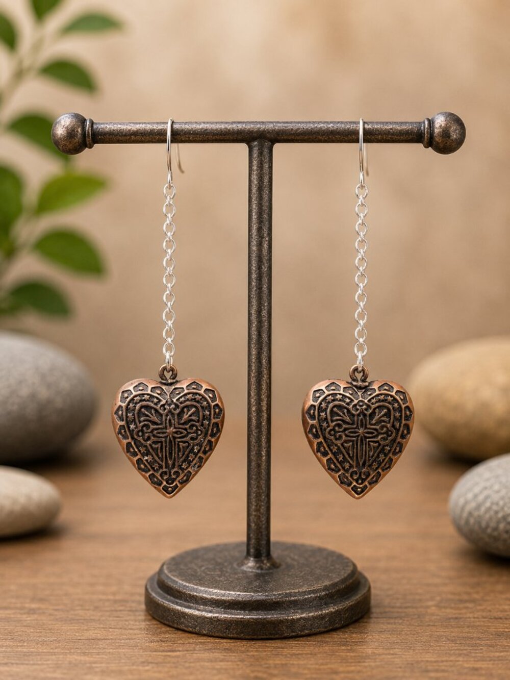Antique Copper Filigree Heart Drop Earrings - Picture 5 of 6